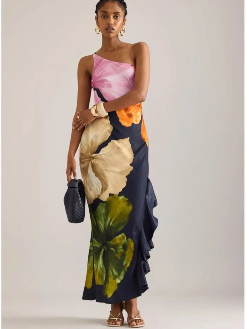 New Anthropologie One-Shoulder Asymmetric Floral Navy Maxi Dress, Sz. 12 - Picture 5 of 6